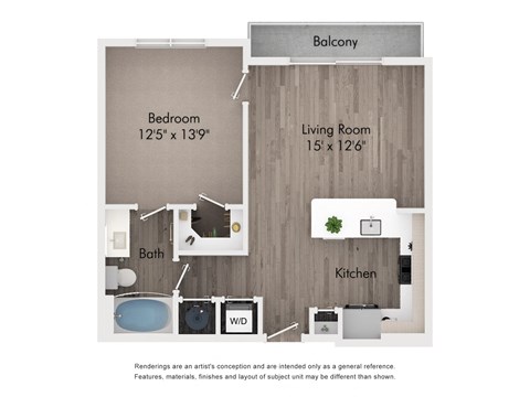 Floor plan for 1 bed, 1 bath, 667 sqft
